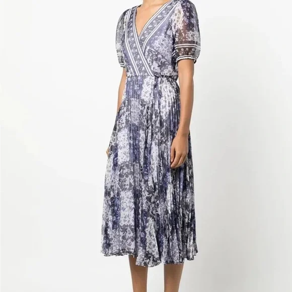 Marchesa Notte Patchwork Print Chiffon Wrap Dress - Purple - US 12